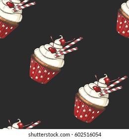 Seamless pattern with cupcakes to a red basket with dots on black. Cupcake with cherries and wafer stick. Sketch. Dessert menu. Food design.