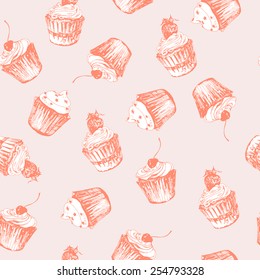 Seamless pattern with cupcakes. The sketch. Vector illustration