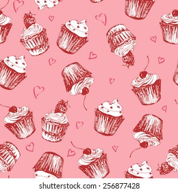 Seamless pattern with cupcakes. The sketch. Vector illustration