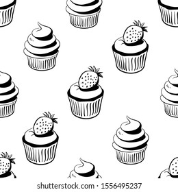 Seamless pattern with cupcakes in sketchy style isolated on white background. Hand drawn vector illustration