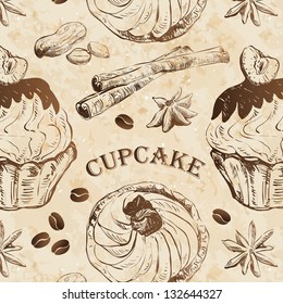 Seamless pattern with cupcakes and spices