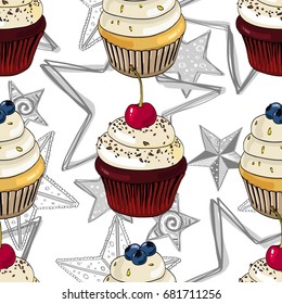 Seamless pattern with cupcakes and stars.
