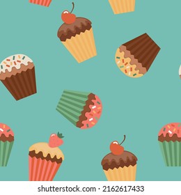Nahtloses Muster mit Cupcakes Erdbeeren, Kirschen auf blauem Hintergrund. Vektorgrafik. 