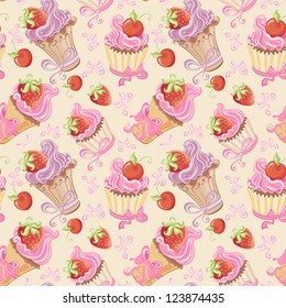 Seamless pattern with cupcakes, strawberry and cherry