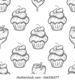 Seamless pattern of cupcakes and strawberry in chocolate icons. Monochrome sketch style illustration for decoration. Vector.