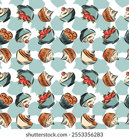 Seamless pattern of cupcakes, strawberry desserts, cookies, eggs, butter, baking pans, whisk, sour cream, cream. Vector