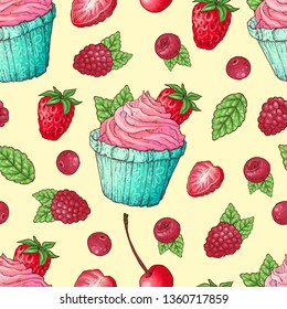 Seamless pattern cupcakes strawberry raspberry cherry. Hand drawing. Vector illustration.