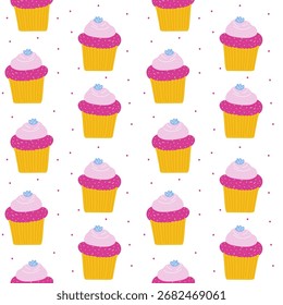 Seamless pattern with cupcakes, sweet bakery dessert background vector illustration.