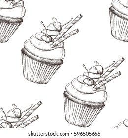 Seamless pattern with cupcakes. Sweet bakery background for desert menu, advertising and banners. Food design. Sketch. 