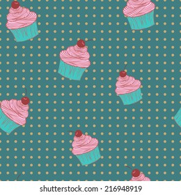 Seamless pattern of cupcakes.  Sweet  cupcakes with cherry.