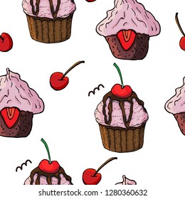 Seamless pattern with cupcakes and sweet desserts. Pastry, fruits, berries,chocolate and cream. For your design, restaurant and cafe menu, decoration.