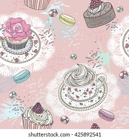 seamless pattern with cupcakes tea and macaroons cute vector background