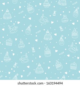 Seamless pattern with cupcakes, teacups, chocolates and hearts. EPS 10. No transparency. No gradients.