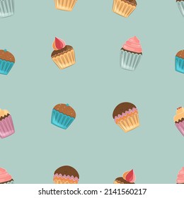 Seamless pattern of cupcakes. Vector background. Background for birthday.