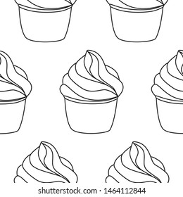 Seamless pattern with cupcakes. Vector hand drawn Illustration. Line art style dessert isolated on white background. Can be used as packaging, wrapping paper, wallpaper. 