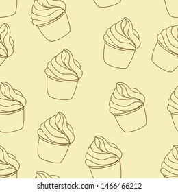 Seamless pattern with cupcakes. Vector hand drawn Illustration. Line art style dessert isolated on light yellow background. Can be used as packaging, wrapping paper, wallpaper. 