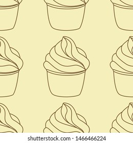 Seamless pattern with cupcakes. Vector hand drawn Illustration. Line art style dessert isolated on light yellow background. Can be used as packaging, wrapping paper, wallpaper. 