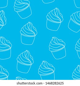 Seamless pattern with cupcakes. Vector hand drawn Illustration. Line art style dessert isolated on light blue background. Can be used as packaging, wrapping paper, wallpaper. 