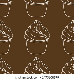Seamless pattern with cupcakes. Vector hand drawn Illustration. Line art style dessert isolated on dark brown background. Can be used as packaging, wrapping paper, wallpaper. 