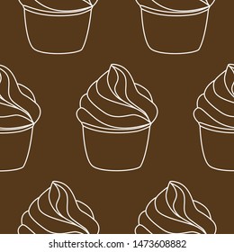 Seamless pattern with cupcakes. Vector hand drawn Illustration. Line art style dessert isolated on dark brown background. Can be used as packaging, wrapping paper, wallpaper. 