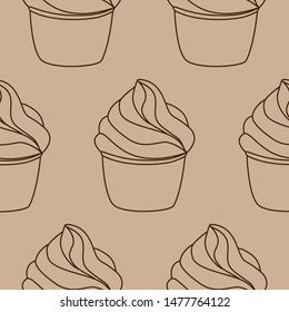 Seamless pattern with cupcakes. Vector hand drawn Illustration. Line art style dessert isolated on light beige background. Can be used as packaging, wrapping paper, wallpaper. 