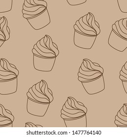 Seamless pattern with cupcakes. Vector hand drawn Illustration. Line art style dessert isolated on light beige background. Can be used as packaging, wrapping paper, wallpaper. 