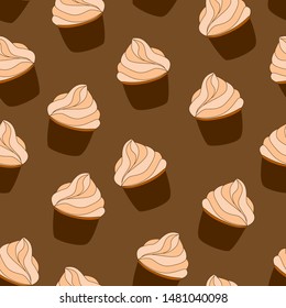 Seamless pattern with cupcakes. Vector hand drawn Illustration. Dessert isolated on brown background. Can be used as packaging, wrapping paper, wallpaper. 