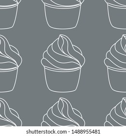 Seamless pattern with cupcakes. Vector hand drawn Illustration. White Line art style dessert isolated on light gray background. Can be used as packaging, wrapping paper, wallpaper. 
