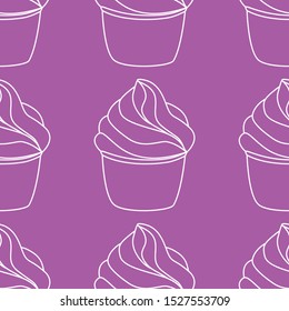 Seamless pattern with cupcakes. Vector hand drawn Illustration. Line art style dessert isolated on pink background. Can be used as packaging, wrapping paper, wallpaper. 