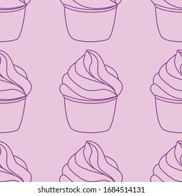 Seamless pattern with cupcakes. Vector hand drawn Illustration. Line art style dessert isolated on pink background. Can be used as packaging, wrapping paper, wallpaper. 