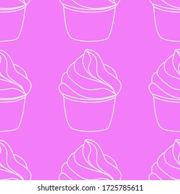 Seamless pattern with cupcakes. Vector hand drawn Illustration. Line art style dessert isolated on pink background. Can be used as packaging, wrapping paper, wallpaper. 