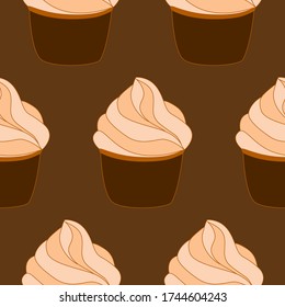 Seamless pattern with cupcakes. Vector hand drawn Illustration. Dessert isolated on brown background. Can be used as packaging, wrapping paper, wallpaper. 