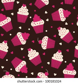 Seamless pattern with cupcakes in white and pink against black background.