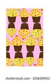 Seamless pattern of cupcakes with yellow cream, sweets, baked goods