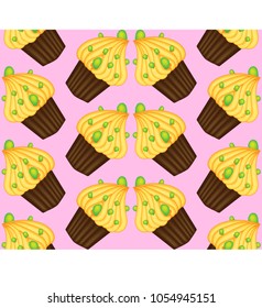 Seamless pattern of cupcakes with yellow cream, sweets, baked goods