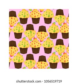 Seamless pattern of cupcakes with yellow cream, sweets, baked goods