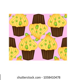 Seamless pattern of cupcakes with yellow cream, sweets, baked goods
