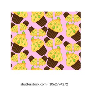 Seamless pattern of cupcakes with yellow cream, sweets, baked goods