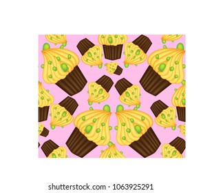 Seamless pattern of cupcakes with yellow cream, sweets, baked goods