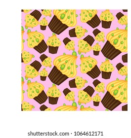 Seamless pattern of cupcakes with yellow cream, sweets, baked goods