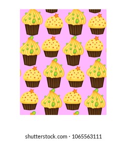 Seamless pattern of cupcakes with yellow cream, sweets, baked goods
