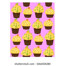 Seamless pattern of cupcakes with yellow cream, sweets, baked goods
