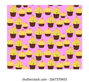 Seamless pattern of cupcakes with yellow cream, sweets, baked goods