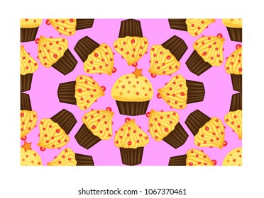 Seamless pattern of cupcakes with yellow cream, sweets, baked goods