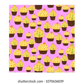 Seamless pattern of cupcakes with yellow cream, sweets, baked goods