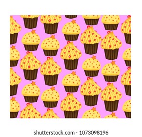 Seamless pattern of cupcakes with yellow cream, sweets, baked goods