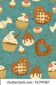 Seamless pattern with cupcakes,candies and other sweet and tasty food