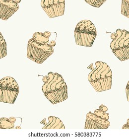 Seamless pattern of cupcakes.Sketch style. A variety of mouth watering food. Vector image.