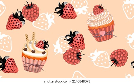 Seamless pattern with cupcakes,strawberries,raspberries in cartoon and doodle elements white color.Food background and texture for printing on fabrics and paper.Vector illustration for design card.