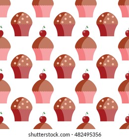 Seamless pattern of cupcakes.Sweet muffins with a cherry 